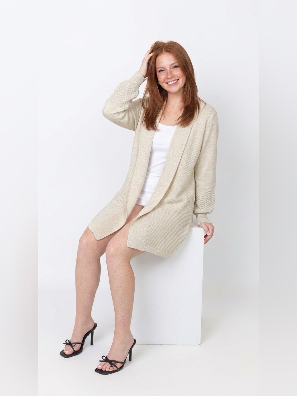 Liz Claiborne Cream Open-Front Knit Cardigan